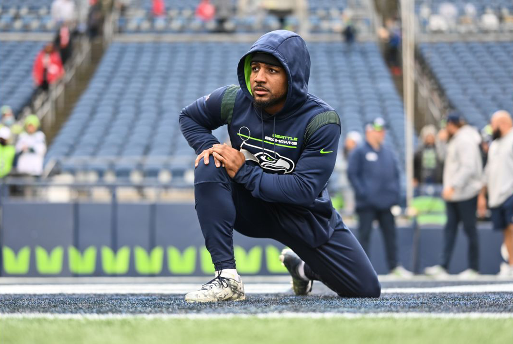 Seahawks player warming up before a game